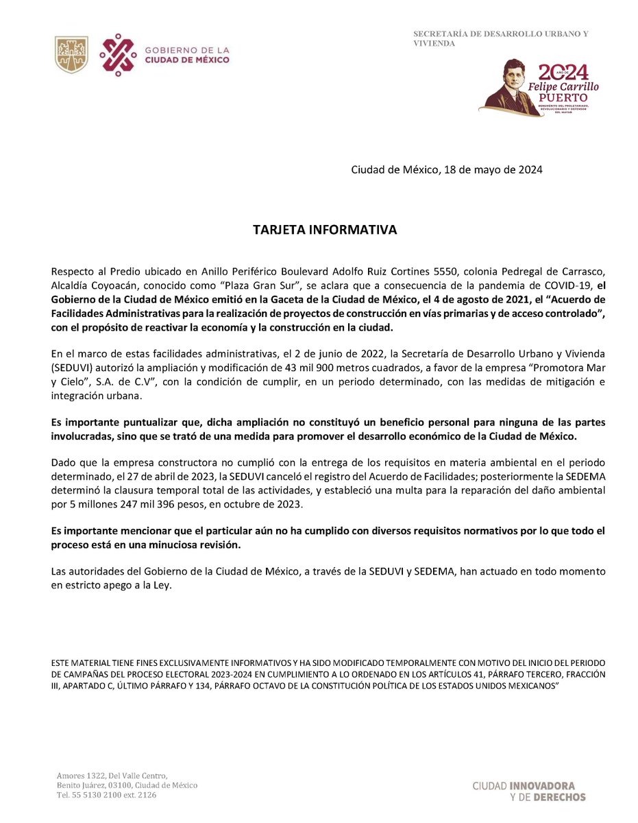 Respecto al Predio ubicado en Anillo Periférico Boulevard Adolfo Ruiz Cortines 5550, colonia Pedregal de Carrasco, Alcaldía Coyoacán, conocido como “Plaza Gran Sur”, el Gobierno de la Ciudad de México a través de @seduviCDMX aclara lo siguiente: