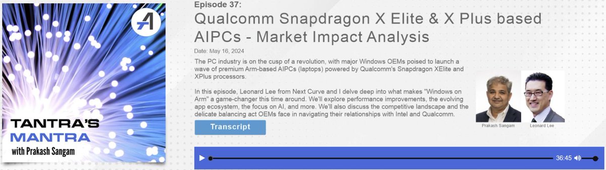 Want to prep for upcoming @MicrosoftBuild ? Check out  our #TantrasMantra #podcast about #AIPCs @Qualcomm @Snapdragon #Xelite & #Xplus 

bit.ly/Tantras-Mantra 

You can now either listen to it on your fav platform or read the transcript  

@Apple - bit.ly/TA-Apple