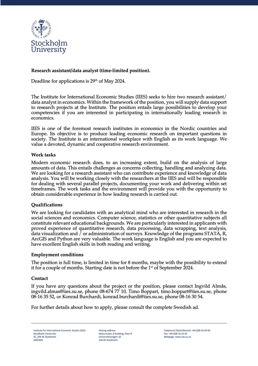 Konrad Burchardi (@kbburchardi) on Twitter photo 🚨Research Assistant Positions🚨
1. Ingvild Almås, Timo Boppart, <a href="/bergerthor/">Thor Berger</a>, <a href="/HannesMalmberg1/">Hannes Malmberg</a> and I are looking for a research assistant to work on a project which investigates Sweden's spectacular economic growth during the late 19th century using establishment-level data. 🚨Research Assistant Positions🚨
1. Ingvild Almås, Timo Boppart, <a href="/bergerthor/">Thor Berger</a>, <a href="/HannesMalmberg1/">Hannes Malmberg</a> and I are looking for a research assistant to work on a project which investigates Sweden's spectacular economic growth during the late 19th century using establishment-level data.