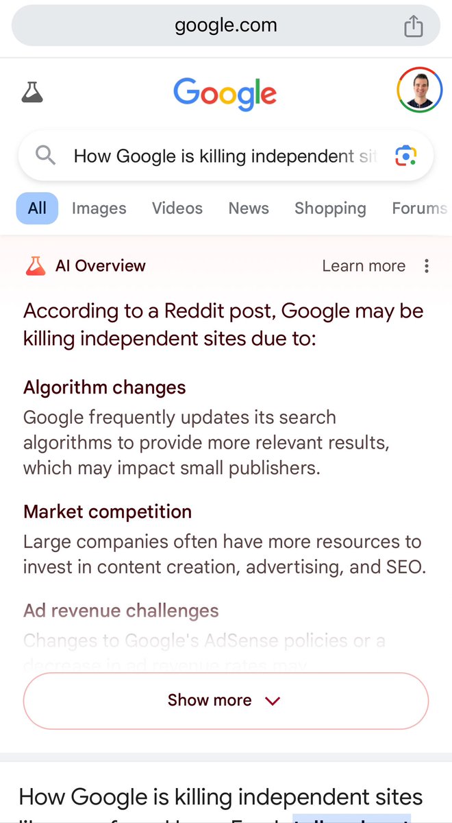 Google is an absolute shitshow. 

Query:

“How Google is killing independent sites like ours”

That’s the exact title of an article that HouseFresh published 3 months ago. 

The very first thing Google surfaces?

An “AI Overview” of a *Reddit post* discussing the article. 

The
