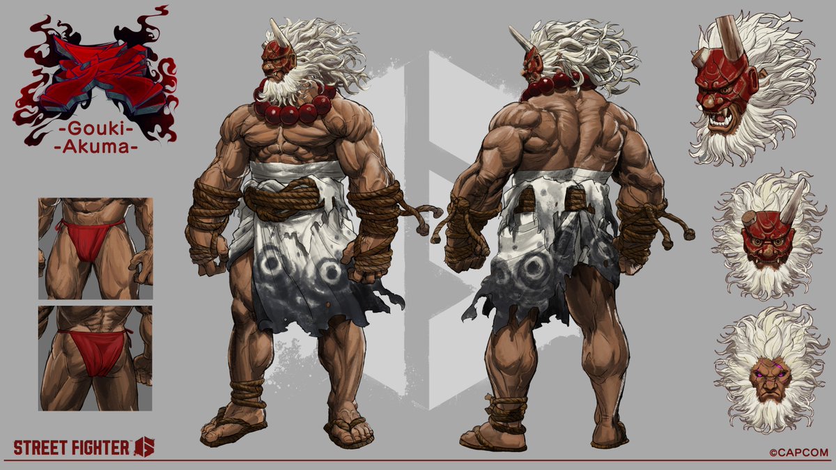 Akuma Outfit 3 Designer Comments:

I was inspired by the concept of Akuma living on an island in the Sea of Japan and 'Gojinjo-daiko' performances.

His muscles look less human than ever, so I was particular about the way his kimono is torn, exposing the red loincloth underneath.