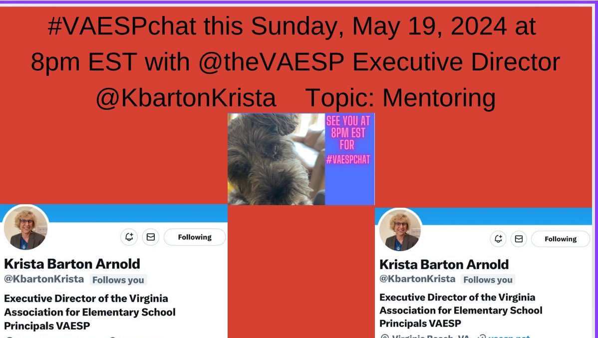 #VAESPchat this Sunday, May 19, 2024 at 8pm EST with @theVAESP Ex. Director @KbartonKrista Topic: Mentoring.@bmartinreal @SusanMelbye @ben_kiser @dr_sawyers @JennyBlalock124 @PrincipalJQuinn @Help_Ellipals @DrRussQ @DrNickSutton @TechNinjaTodd @RonNash20 @PrincipalProj @NAESP