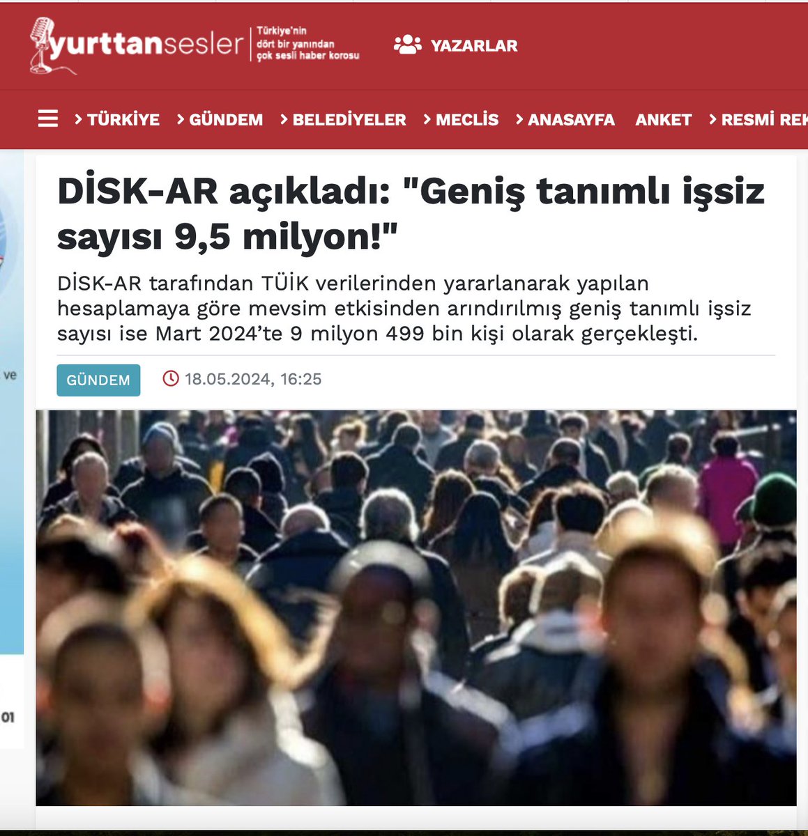 DİSK-AR açıkladı: 'Geniş tanımlı işsiz sayısı 9,5 milyon!' yurttansesler.org/gundem/disk-ar…