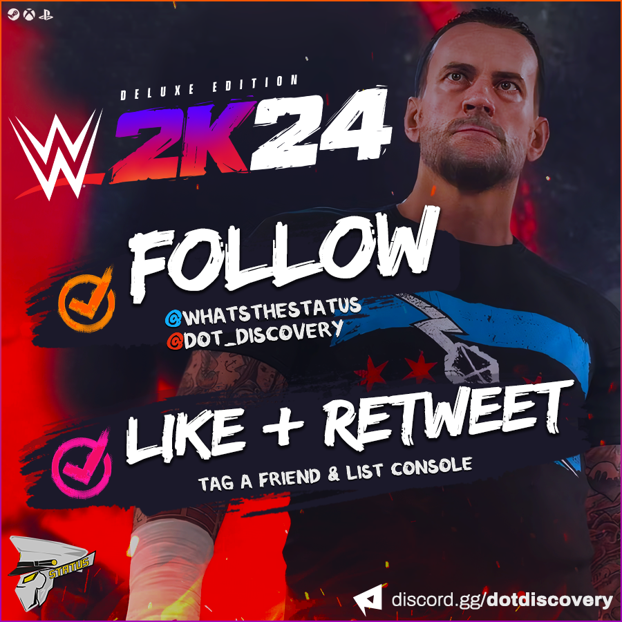 NEW! Giveaway for 1 #WWE2K24 DELUXE EDITION Code!      

★ Here's how to participate!  
   
● RT &amp; Like This Tweet   
● Follow <a href="/WhatsTheStatus/">𝕾𝖙𝖆𝖙𝖚𝖘™</a>
● Follow <a href="/dot_discovery/">DISCOVERY</a>
● Tag a friend in the replies &amp; the console of your choosing for an extra entry!     
 
★ Winner will be
