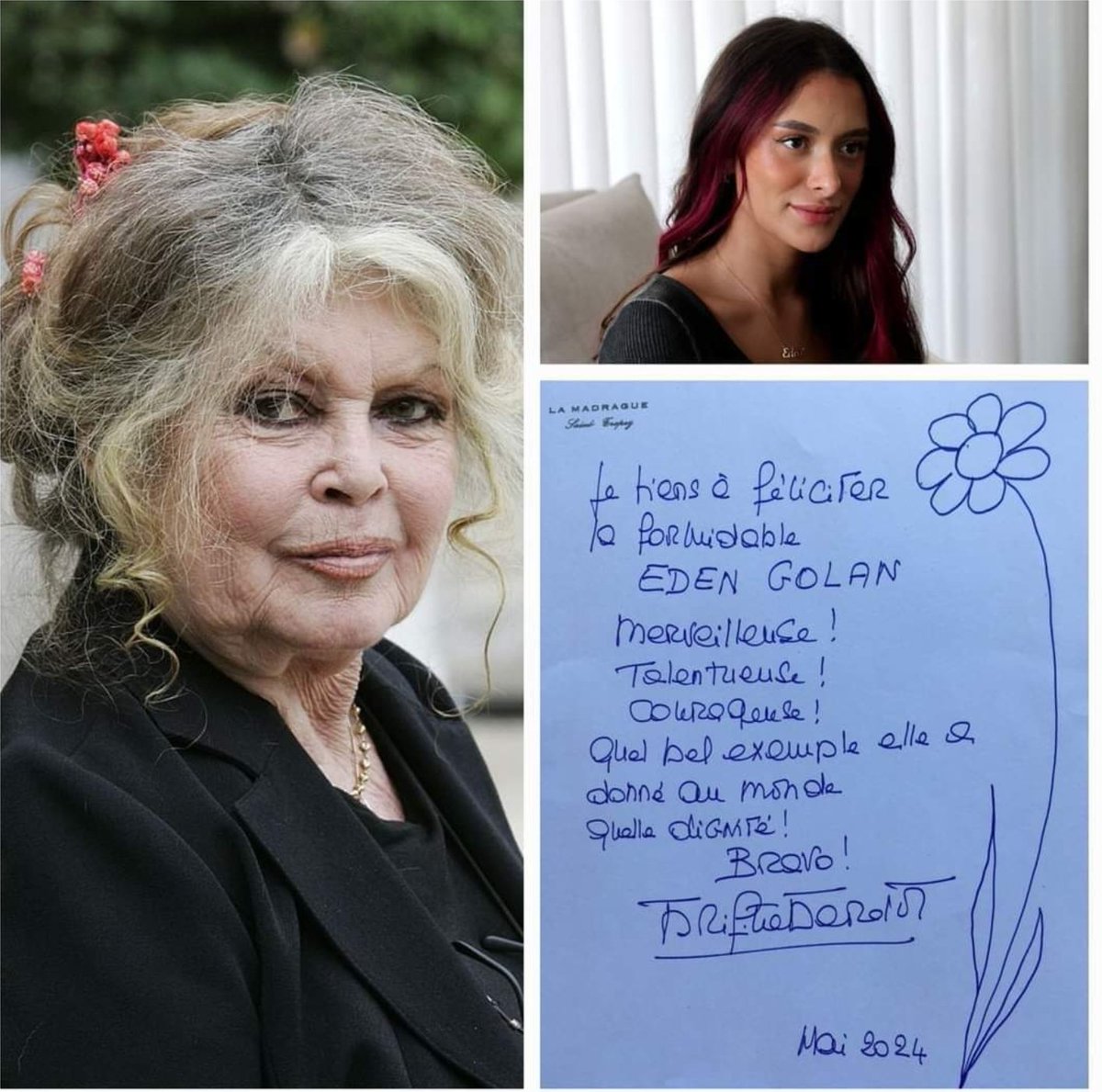 On May 13, the legend of French cinema, 89-year-old Brigitte Bardeaux posted an enthusiastic reflection on Eden Golan on her social networks - a screen shot of a note with a flower written by her hand

Want to congratulate the amazing Eden Golan. Wonderful ! Talented girl! Brave!