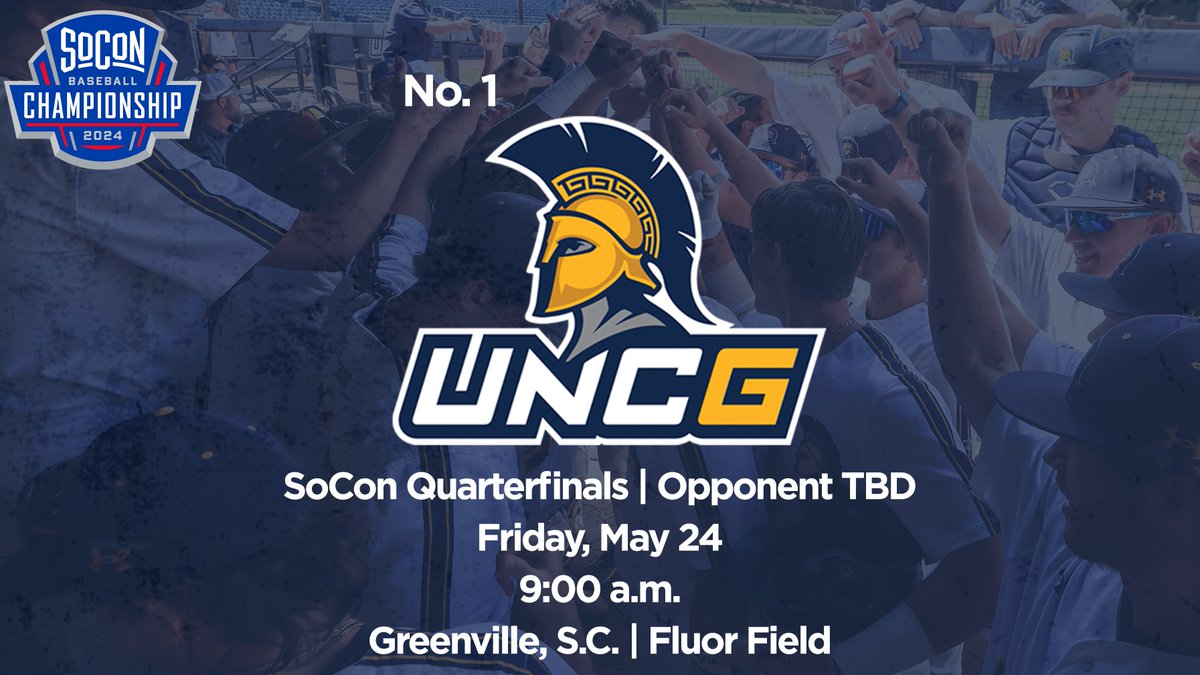The Spartans will be the No. 1 seed at the @SoConSports Tournament! 🏆💪 #letsgoG 📰 go.uncg.edu/sdp7j5 🆚 To Be Determined 📅 Friday, May 24 🕘 9:00 a.m. 📍 Greenville, S.C. 🏟️ Fluor Field
