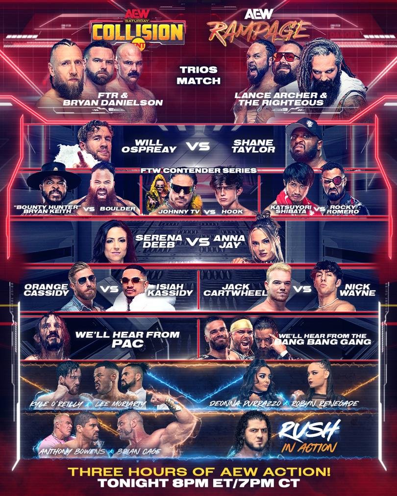 Three hours of @AEW tonight starting at 8 PM ET on @tntdrama! #AEWCollision + #AEWRampage Let's go!