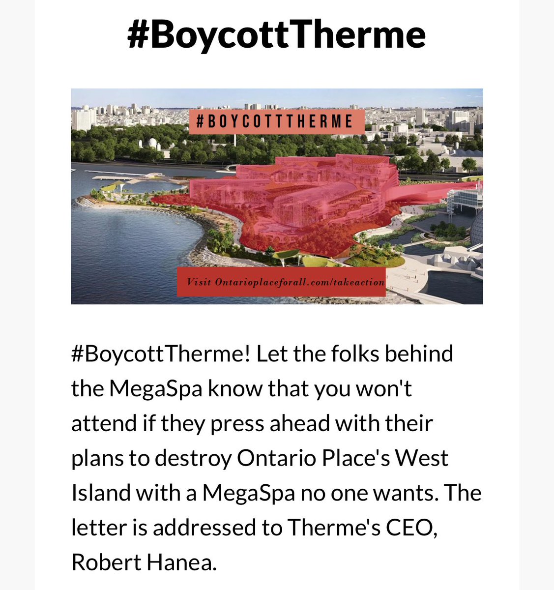 #OntarioPlace was meant to be for the people. Not for expensive foreign spas. Follow @ONPlace4All to help stop @ThermeCanada and the boondoggle. Click here: ontarioplaceforall.com/takeaction/
