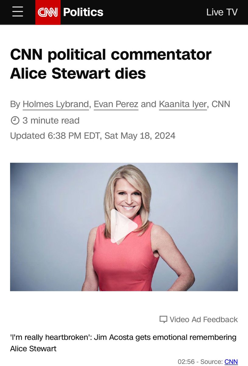 CNN’s beautiful young fit, Alice Stewart, who was a political commentator and an athlete, is dead suddenly. Don’t worry. I’m sure it wasn’t the shots that she got. Because they are so incredibly safe and effective and 20 million who have died are just a coincidence.