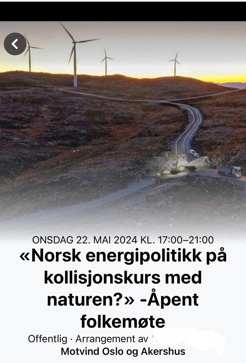 #Folkemøte #vindkraft og energipolitikk 

#Litteraturhuset Oslo
 22. Mai kl 17

På programmet:
- @FornybarNorge v/Thor Egil Braadland 
- @SofieMarhaug fra @Raudt Nikolai Astrup @Hoyre 
- Gisle Meininger Saudland @frp_no 
- Dag Arne Høystad @Naturvern 

Åpent for alle

Velkommen!