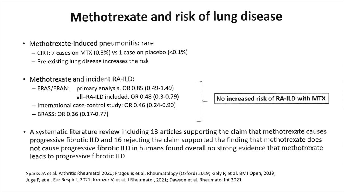 What do you do with MTX in RA-ILD patients?
1. RA dx activity drives RA-ILD
2. MTX is a cornerstone of effective RA therapy
3. MTX not a/w increased RA-ILD
4. MTX pneunonitis is very rare
You do the math. Critical for our patients

#ARANZRA24