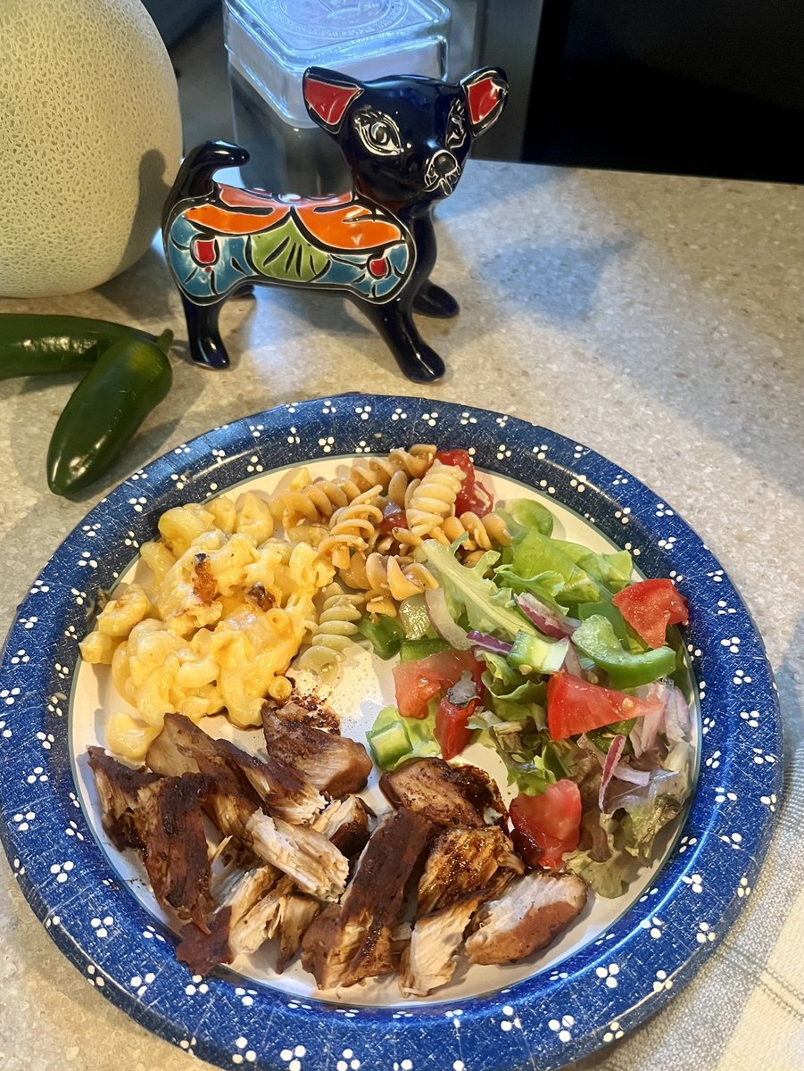 No cooking tonight just leftovers of pork chops, mac & cheese, pasta salad from the last couple days🤷‍♀️😆 The spring mix lettuce from my lil garden was awesome. I would like to thank the critters for not eating my lettuce first, Yah🥬🤦‍♀️🤭 #dinner #leftovers