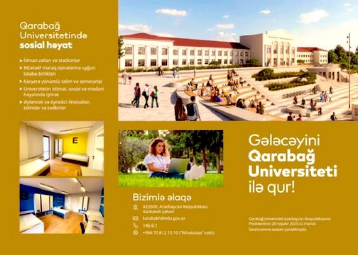 Starting in September 2024, Karabakh University will open its doors in Khankendi, Azerbaijan, offering classes in economics, engineering, arts, and tourism. This will bring hundreds of students across Azerbaijan into Khankendi.