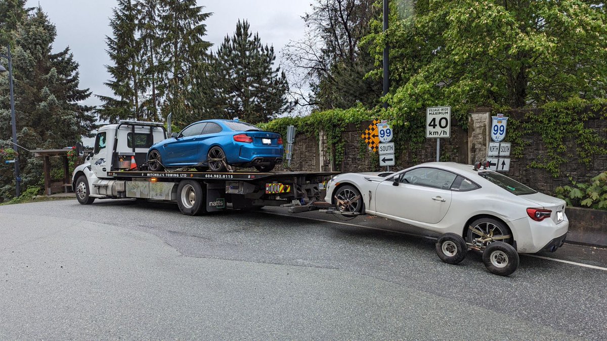 I didn't have 'tow for two' on my @BCHwyPatrol bingo card today. These drivers were street racing at 131km/hr in the 60km zone. Both vehicles are headed to the impound lot and hefty fines for the drivers. #GiveItABrakeBC #slowdown