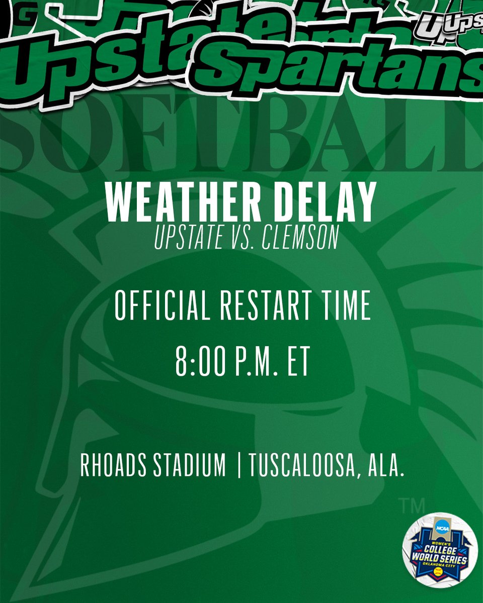 WE HAVE A START TIME! Weather permitting.... the Spartans will resume their elimination game against Clemson at 8:00 p.m. ET. #SpartanArmy ⚔️