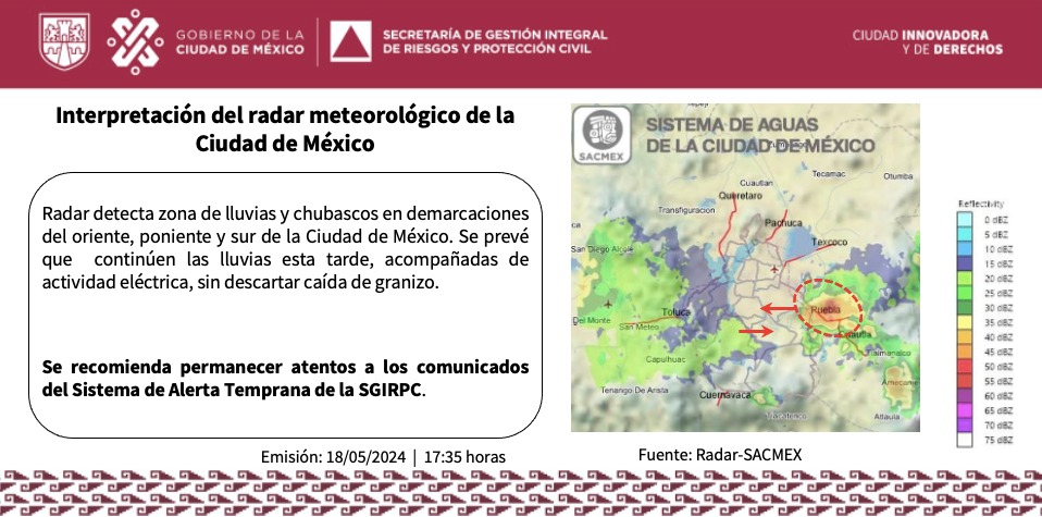 Se detecta zona de #lluvias y #chubascos en demarcaciones del oriente, poniente y sur de la ciudad. Mantente informado. #PronósticoDelTiempo #LaPrevenciónEsNuestraFuerza