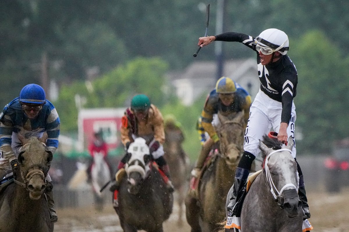 Seize The Grey wins the 149th running of the @PreaknessStakes Saturday, May 18, 2024. Jockey Jaime Torres took an early lead out of the gate and held on at the end, roaring toward the audience after crossing the finish line. more @BaltimoreBanner: thebaltimorebanner.com/sports/horse-r…