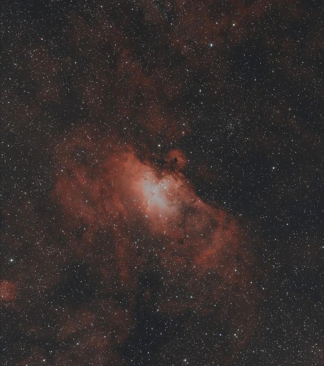 سديم النسر Eagle Nebula
أو أعمدة الخلق Pillars of Creation..

الصورة من تلسكوب عاكس skywatchers evostar 72ed..