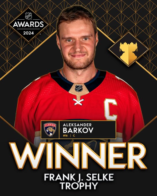 Top: Photo of Aleksander Barkov in a Panthers jersey with the 2024 NHL Awards logo beside him. 

Bottom: In large white text with a gold trim on a black background reads, "Aleksander Barkov, #16, C. Winner. Frank J. Selke Trophy".