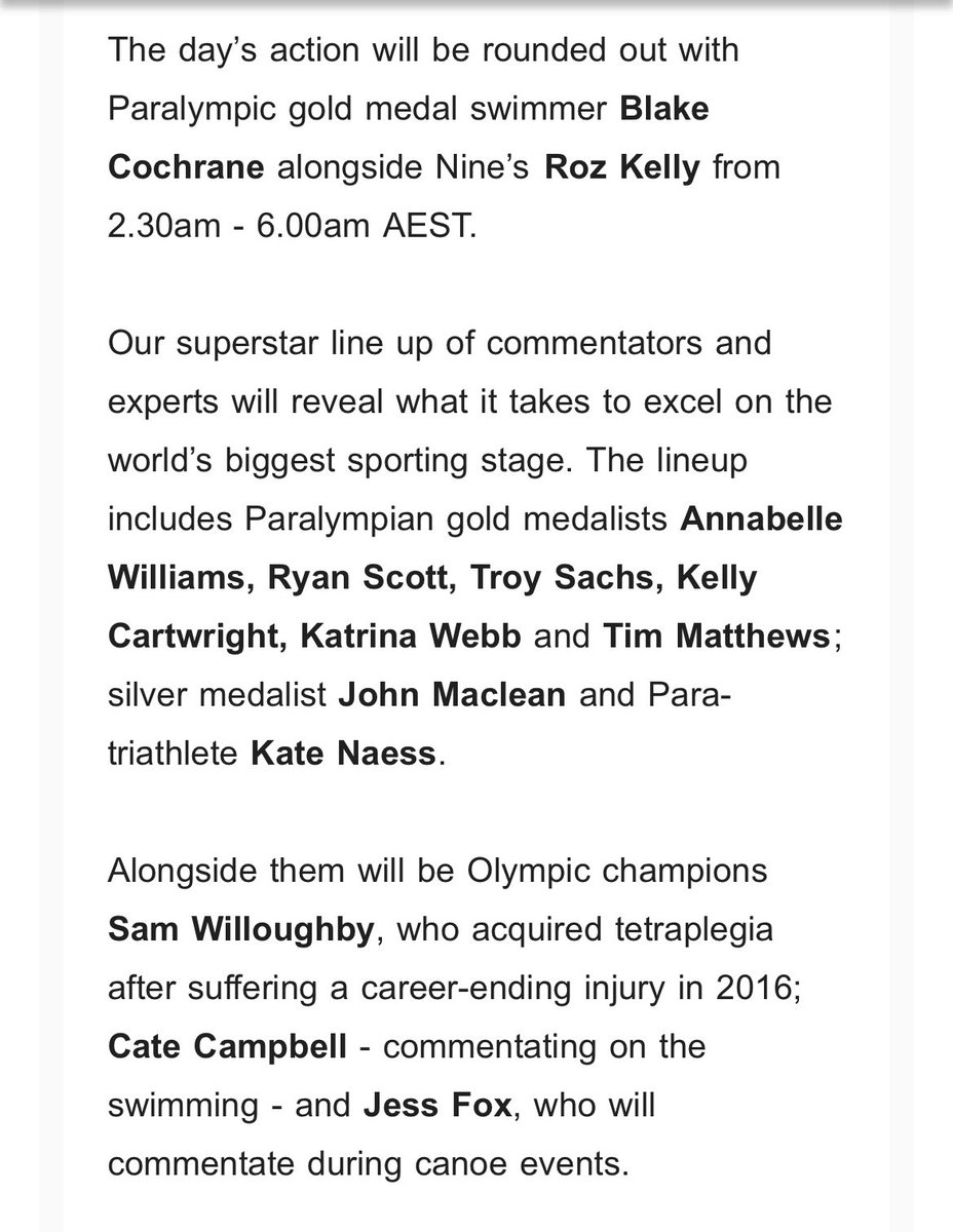 Nine is throwing everything at the Paralympics (which I’ll be covering for @smh once again). Long list of Paralympic greats. Jess Fox also getting involved.