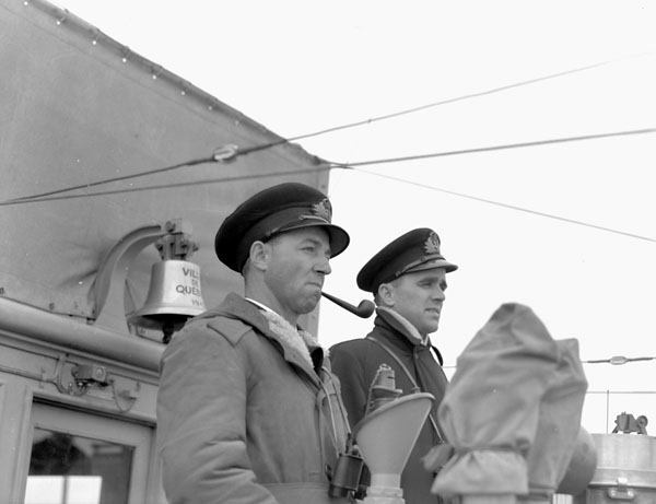 Officers on the bridge of the corvette HMCS VILLE DE QUEBEC, Lauzon, Quebec, Canada, 1942. (LAC a115561-v6) #RCN #History