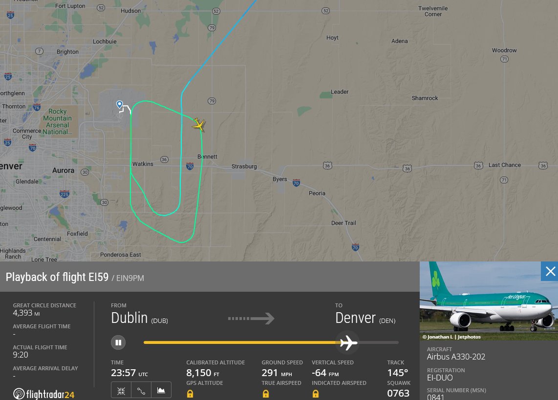 It appears that the inaugural @AerLingus flight from @DublinAirport to @DENAirport on 17th May did a 'Go-Around' / missed approach before landing at Denver Airport #EIDUO #EI59