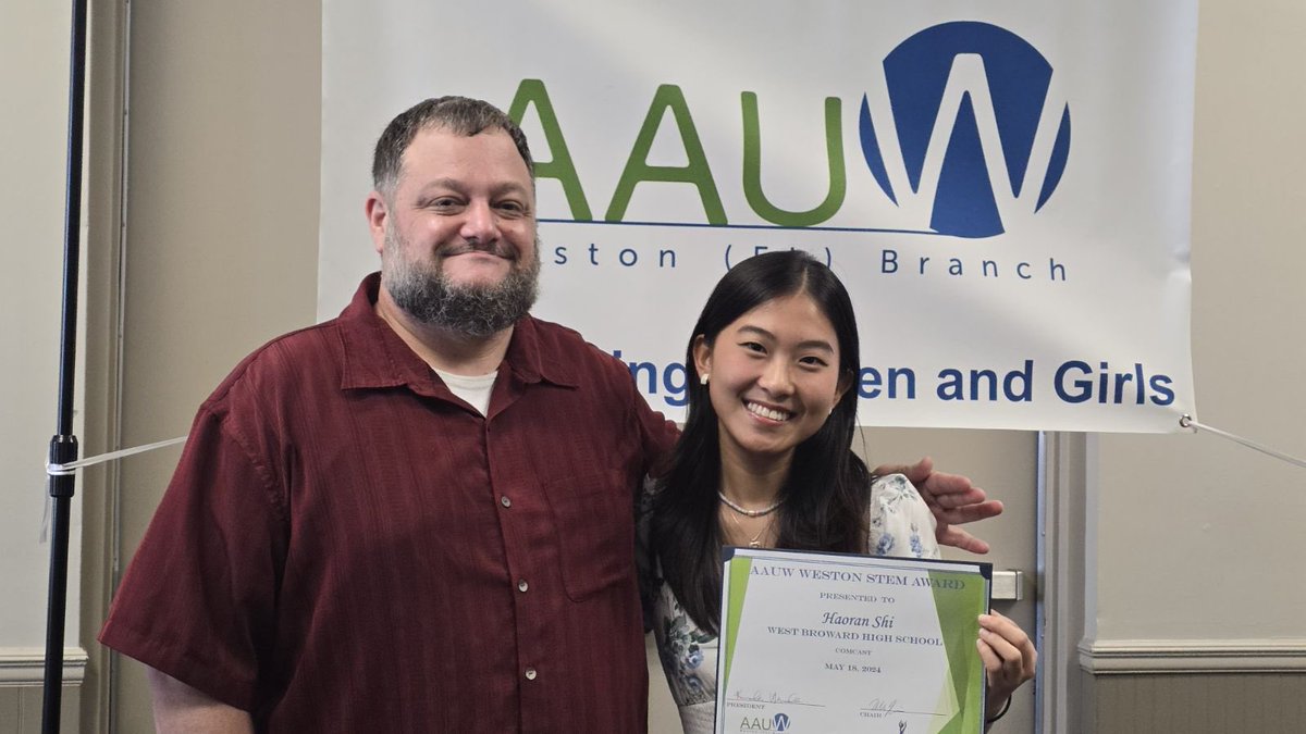 Congratulations Jenna Shi on being awarded the AAUW Weston STEM award. Jenna is recognized for her accomplishments in STEM/Computer Science as a high school student. She received a $1000 scholarship. Thank you and. Feiler for mentoring Jenna. @browardschools