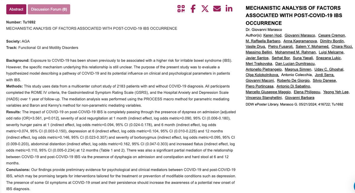 #MyFavAbstract Tu1692 #DDW2024: #PostCOVID19 #IBS linked to dyspnea at admission, acid regurgitation and hunger pains at 1 month, depression at 6 and 12 months, and GI symptoms like borborygmus and abdominal distention at 12 months. Possible early intervention? #Gitwitter