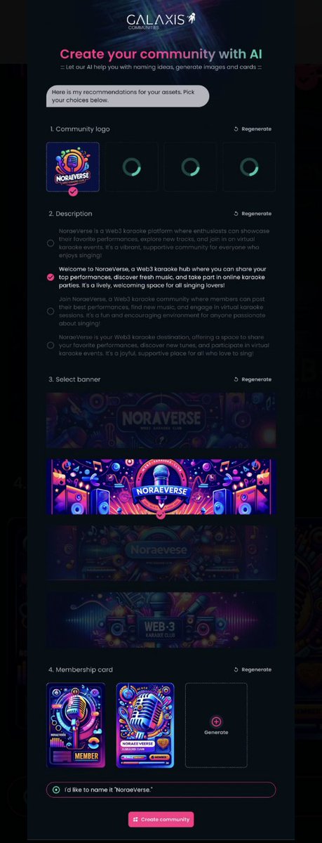 BlazzinJ's tweet photo. A.I. on @Galaxisxyz generates assets like logos and other design materials. Simultaneously, the #community page is populated with relevant content. The logic behind the #membershipcard, such as benefits and other details, is also generated and set.
#JoinGalaxis #unstoppable https://t.co/Wt9SJqHAj2