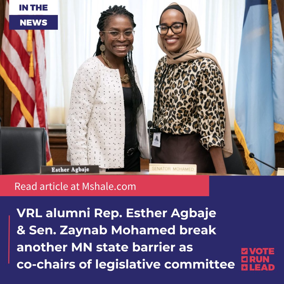 VRL alumni stars @go4esther and @ZaynabMMohamed are the 1st #BlackWomen to chair a Minnesota legislature conference committee. 👏 This article in @Mshale quotes another alum, @ClareOumou, sharing her support #RepresentationMatters #WOC #StateLegislature bit.ly/4549Y9X