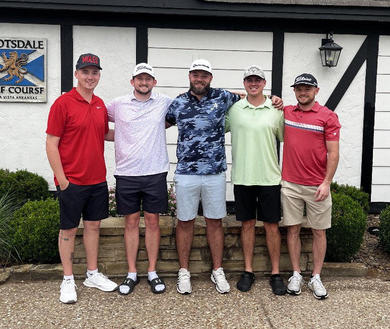 Last week, four KHS golf alums (2017 & 2018) live in various locations, and a guy who should have played, met up for a golf trip to NW Arkansas. L-R. Jake H. , Brennan L. , ??? , Mitchell G. , and Weston O. It’s great they use golf to enjoy their friendships. Go Chiefs!