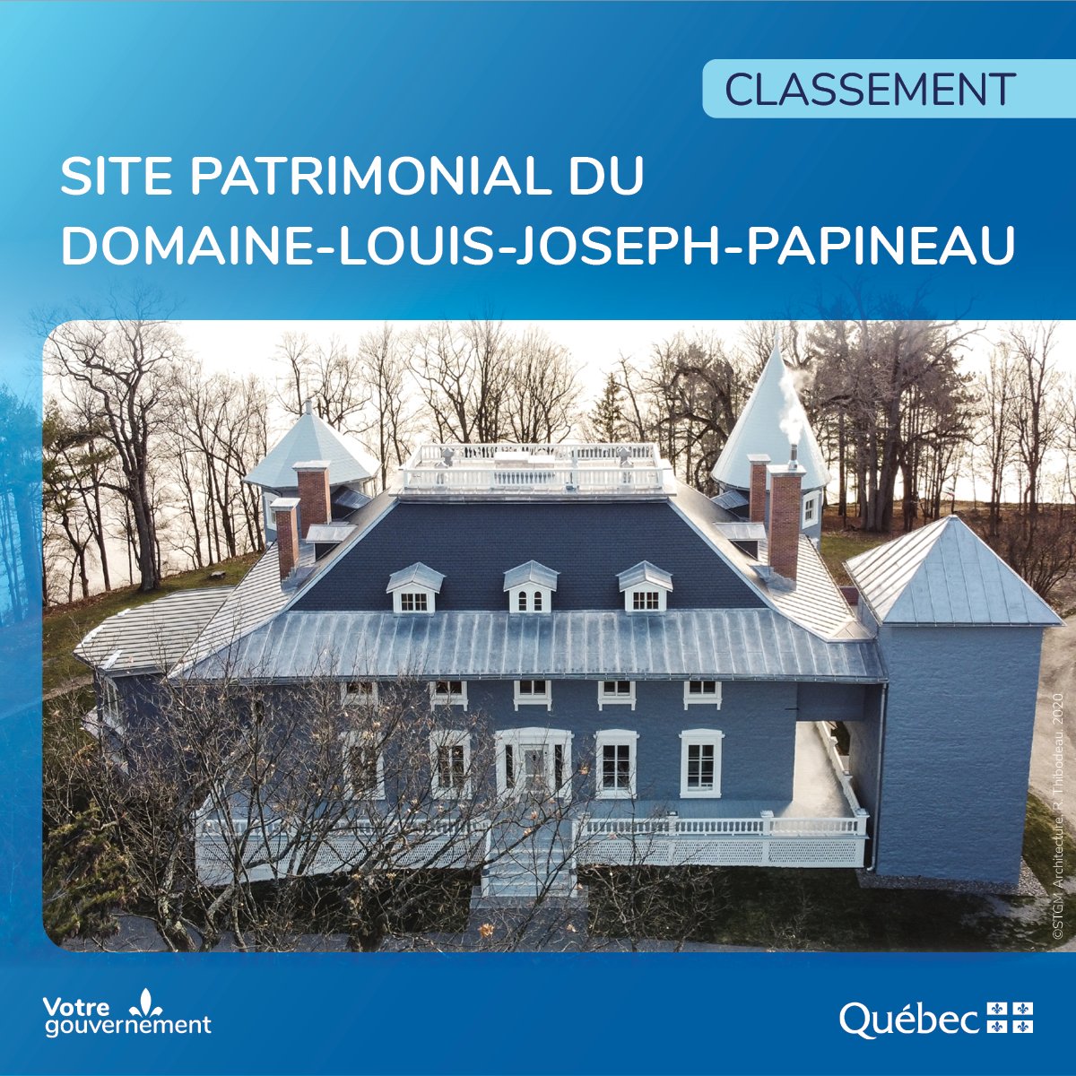 #communiqué
[Classement d'un site patrimonial dans la région de l'Outaouais]
Le site patrimonial du Domaine-Louis-Joseph-Papineau est classé en vertu de la Loi sur le patrimoine culturel

Détails: bit.ly/44P9R1J | #PatrimoineQc #CultureQc