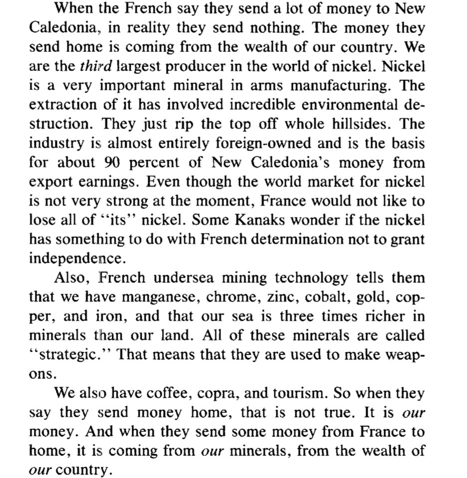 Important to note that New Caledonia is one of the world’s largest producers of nickle. Kanaky have been fighting for control of their natural resources that are being extracted against their will by the French for decades. These minerals are being used in weapons manufacturing