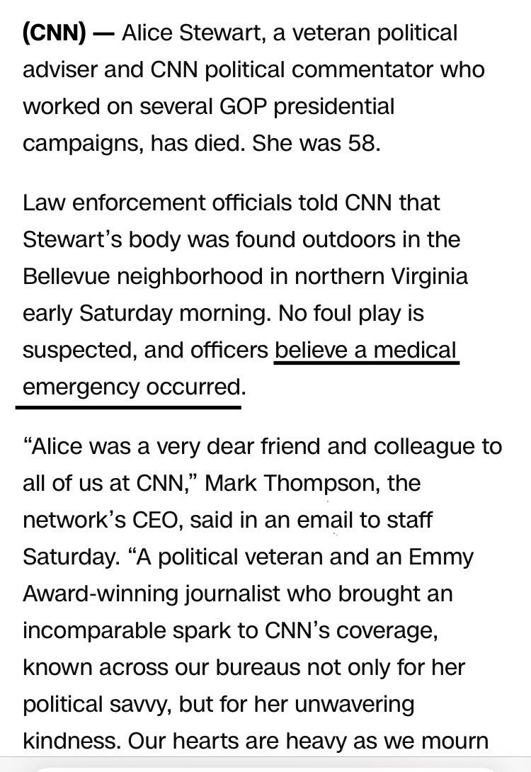 “Got my second #Pfizer shot. How about you? Thanks to Lisa and the great medical workers putting shots in arms. Go get yours!”

CNN political commentator Alice Stewart #diedsuddenly aged 58. 
(May 2028)

“Officers believe a medical emergency occurred.” 🕊️

CREDIT: @Marbles34
