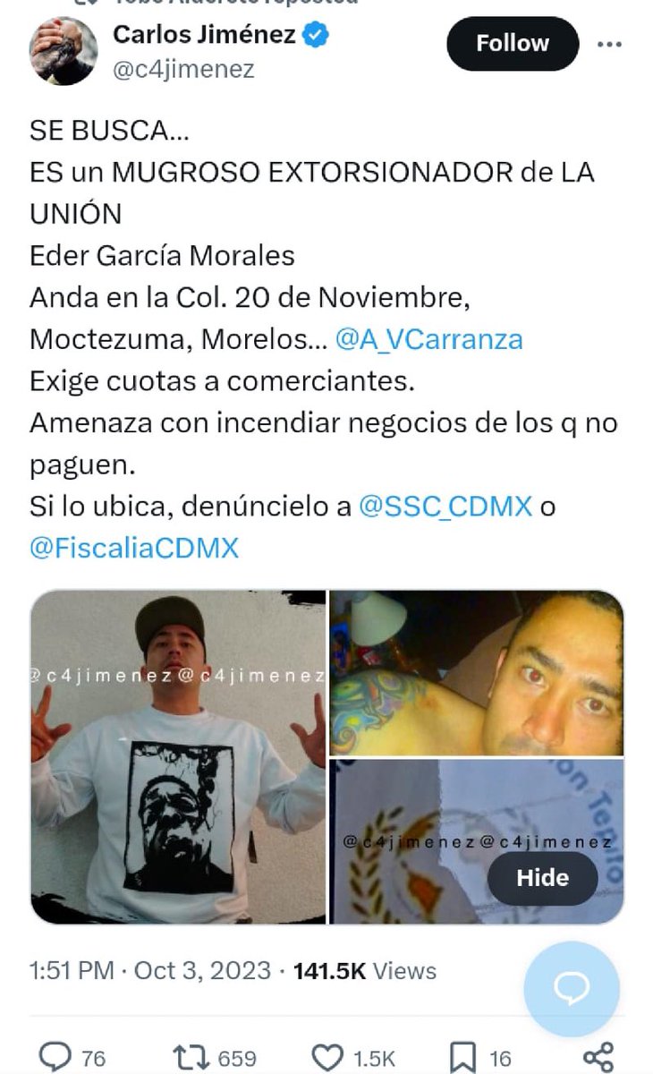 MUGROSO EXTORSIONADOR de LA UNIÓN Eder García Exigía $ a comerciantes, los golpeaba, amenazaba con incendiar sus locales… Así lo exhibimos hace unos meses. Agentes de @SSC_CDMX lo detuvieron en el @centrohistormex Iba armado, con drogas… Así acabó anoche en @FiscaliaCDMX