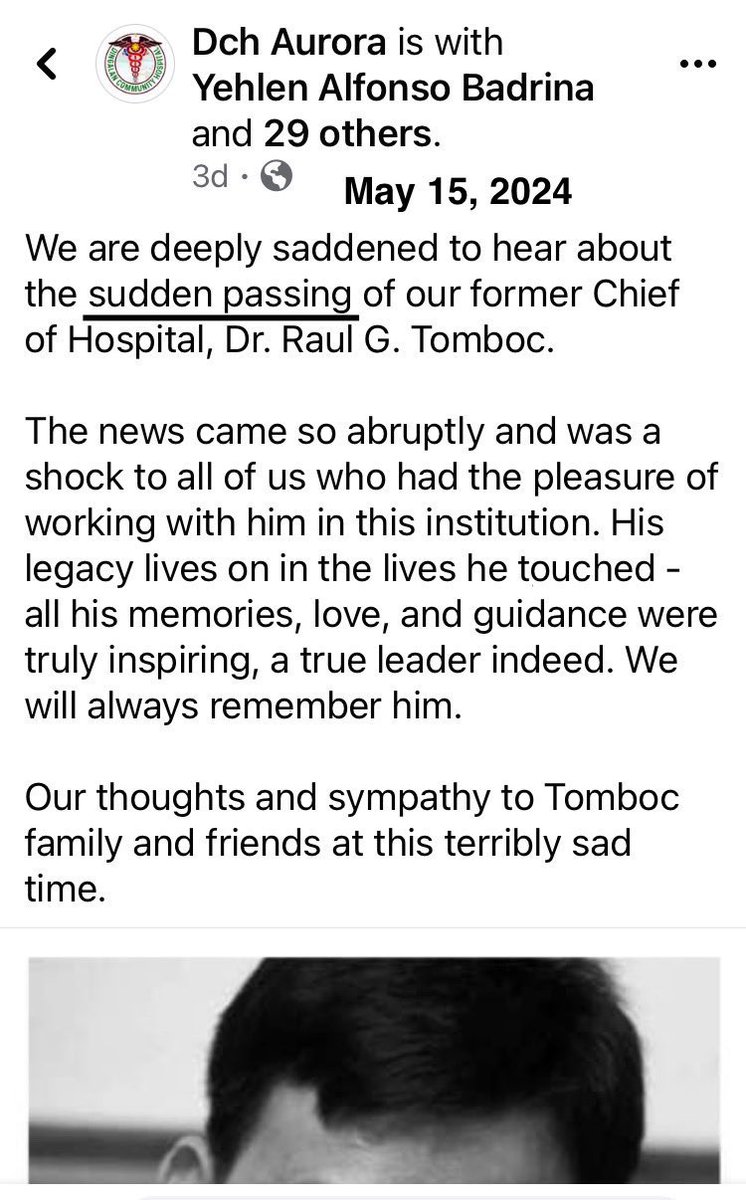 “We are deeply saddened to hear about the sudden passing of our former Chief of Hospital, Dr. Raul G. Tomboc. The news came so abruptly and was a shock to all of us who had the pleasure of working with him in this institution.”
(May 2024) 🕊️

CREDIT: @Marbles34 

#diedsuddenly