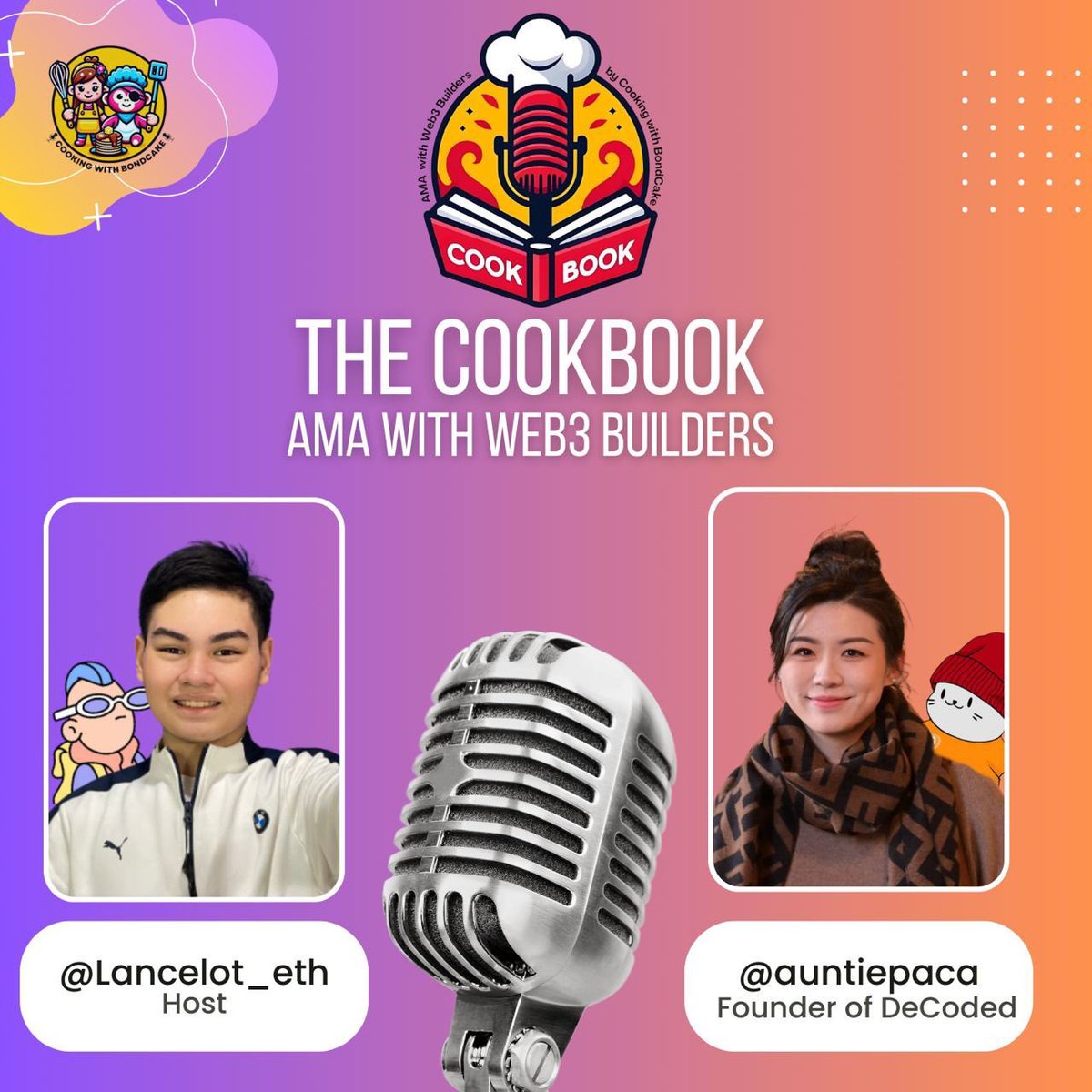 BondCake is finally launching THE COOKBOOK! Get to know builders better in this weekly AMA hosted by @Lancelot_eth! We’re supposed to kick things off with @auntiepaca, founder of @Decodedio, last FRI but we got rugged by @X New time 🕚 MON, 10AM EST 🔔 x.com/i/spaces/1gqxv…