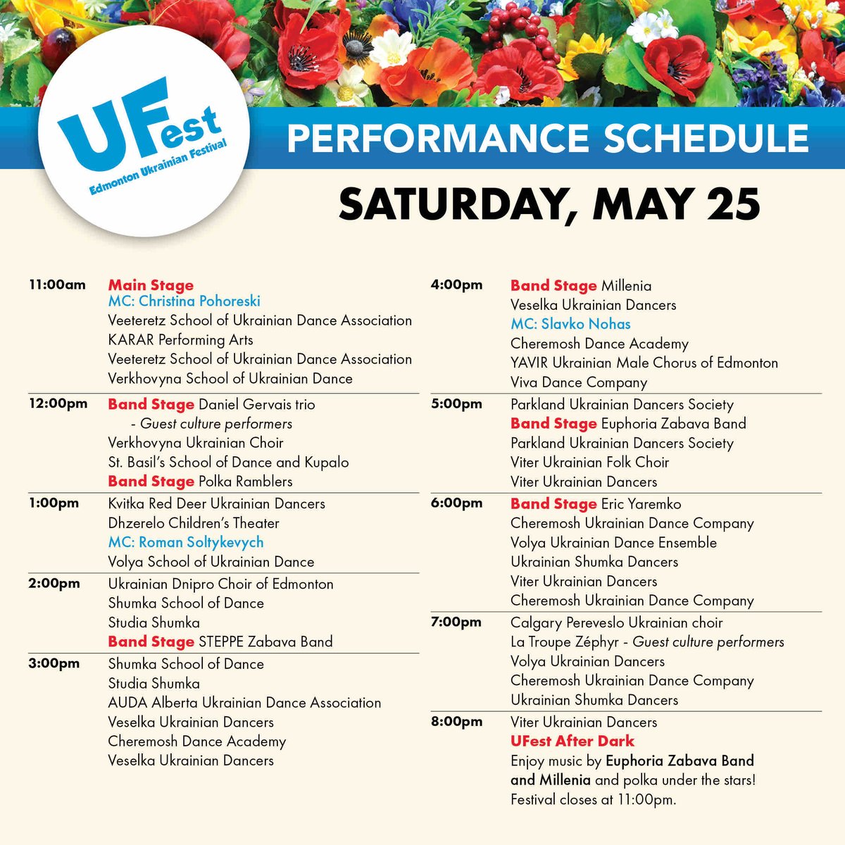 Here’s the full performance schedule for #UFest weekend! 🇺🇦✨ Make sure to screenshot/save it so you don’t miss out on your favourite performances!  

#UFest2024 #UFestYEG #YEGEvents #yeg #yegfestival #ukrainianfestival