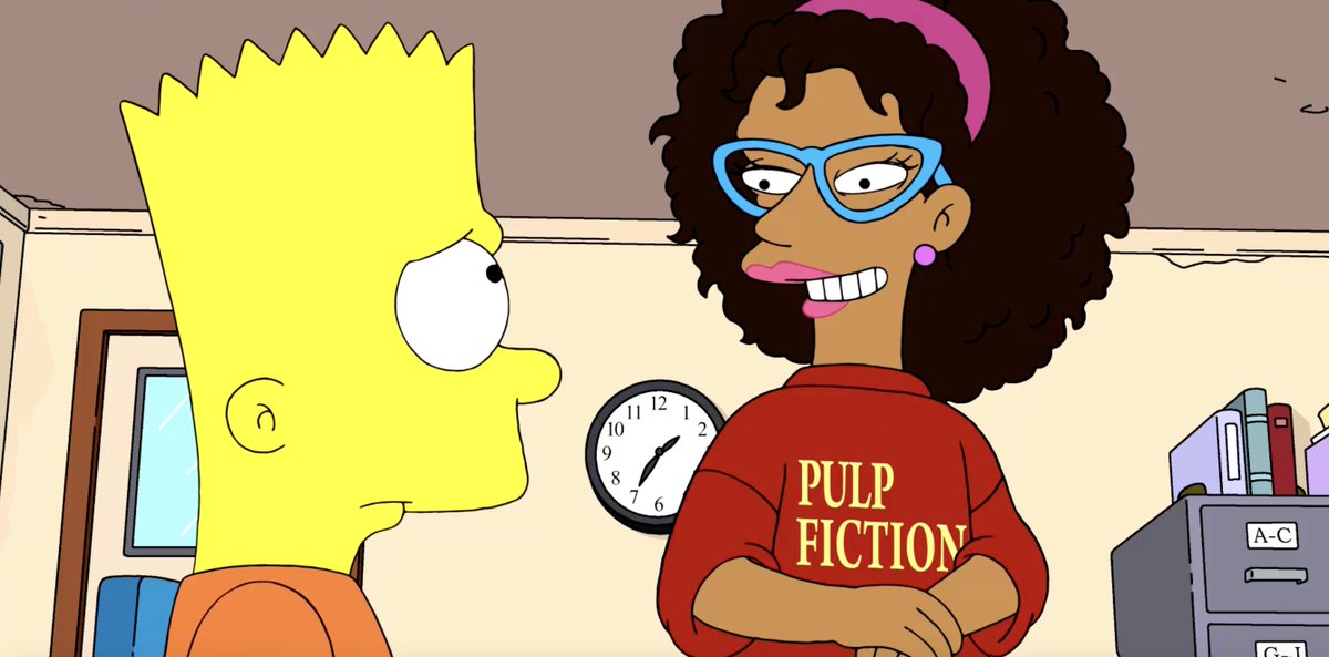 That's the great @kerrywashington returning as Ms. Peyton. Ms. P's unshakeable faith in education -- and in Bart -- has made her a fantastic addition to our cast, and the perfect person to turn Bart's 'greatest prank' into homework.