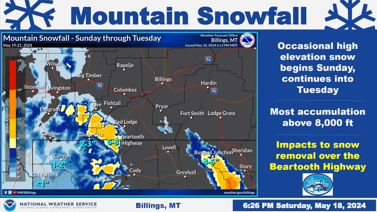 The upcoming 'cool & unsettled' weather pattern is expected to produce occasional high elevation snowfall. There will be some snow accumulation in the mountains above 8000 feet Sunday thru Tuesday, and probably more later in the week. #mtwx #wywx