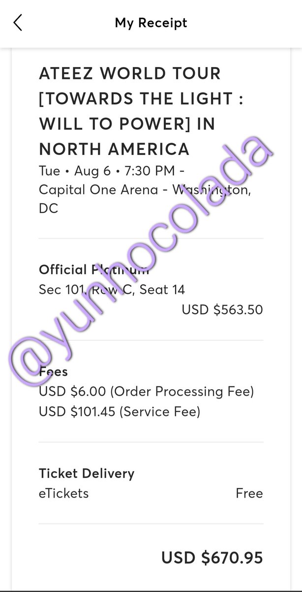 WTS ATEEZ World Tour Toward the Light: Will to Power 1x ticket

📍Washington DC Capital One Arena
🗓 Aug 6 2024
🎫 Sec 101 Row C
💵 $670.95 (face value)

Ticket will be available for transfer on 08/03/24. Accept payment via PayPal g&s & can send more proof #wtsateez #ateeztickets
