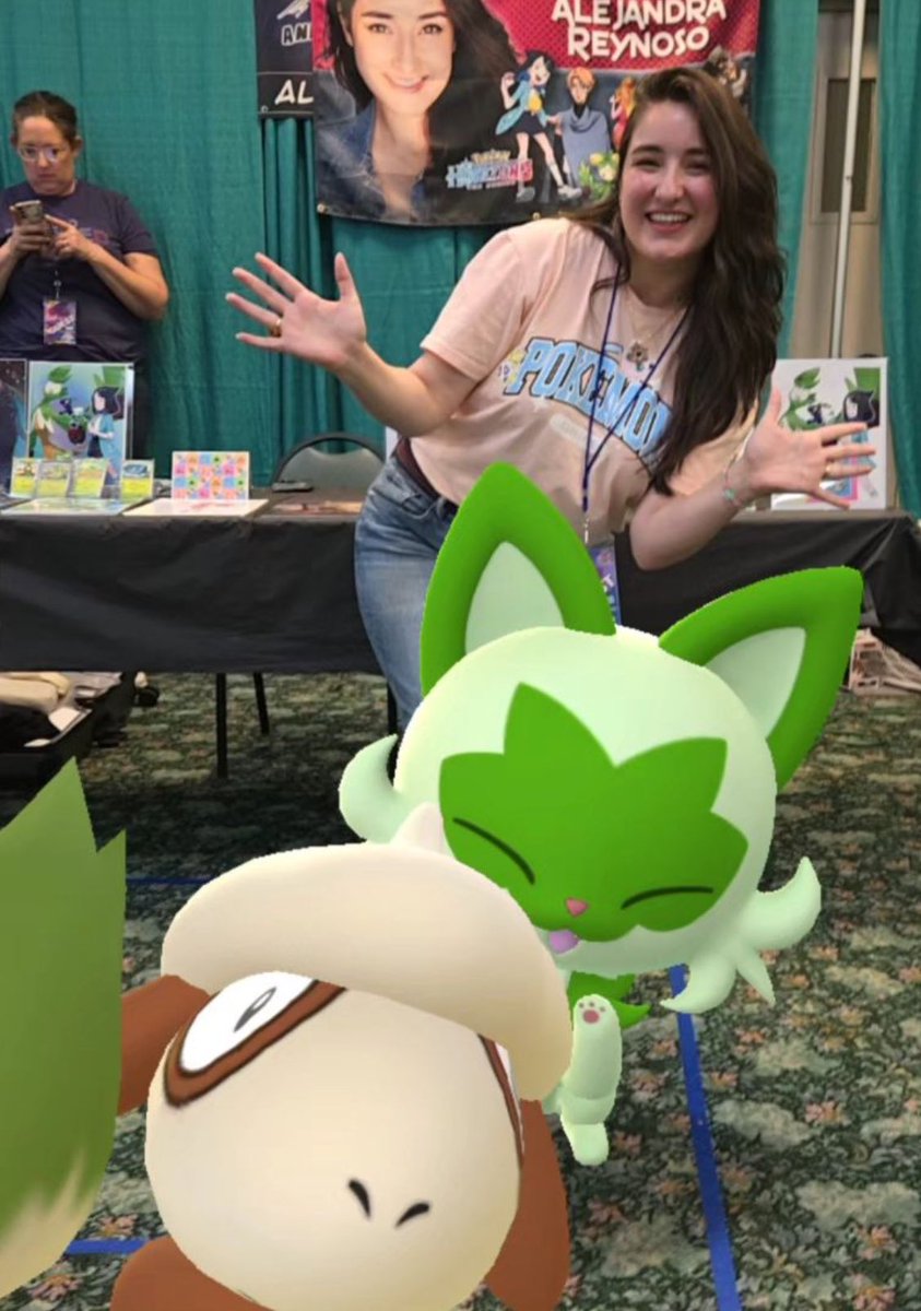 The greatest photobomb of all time! 🤭 

Thank you Rebecca for stopping by! Smeargle just couldn’t let Sprigatito and me have our moment… 😮‍💨 😂 💚