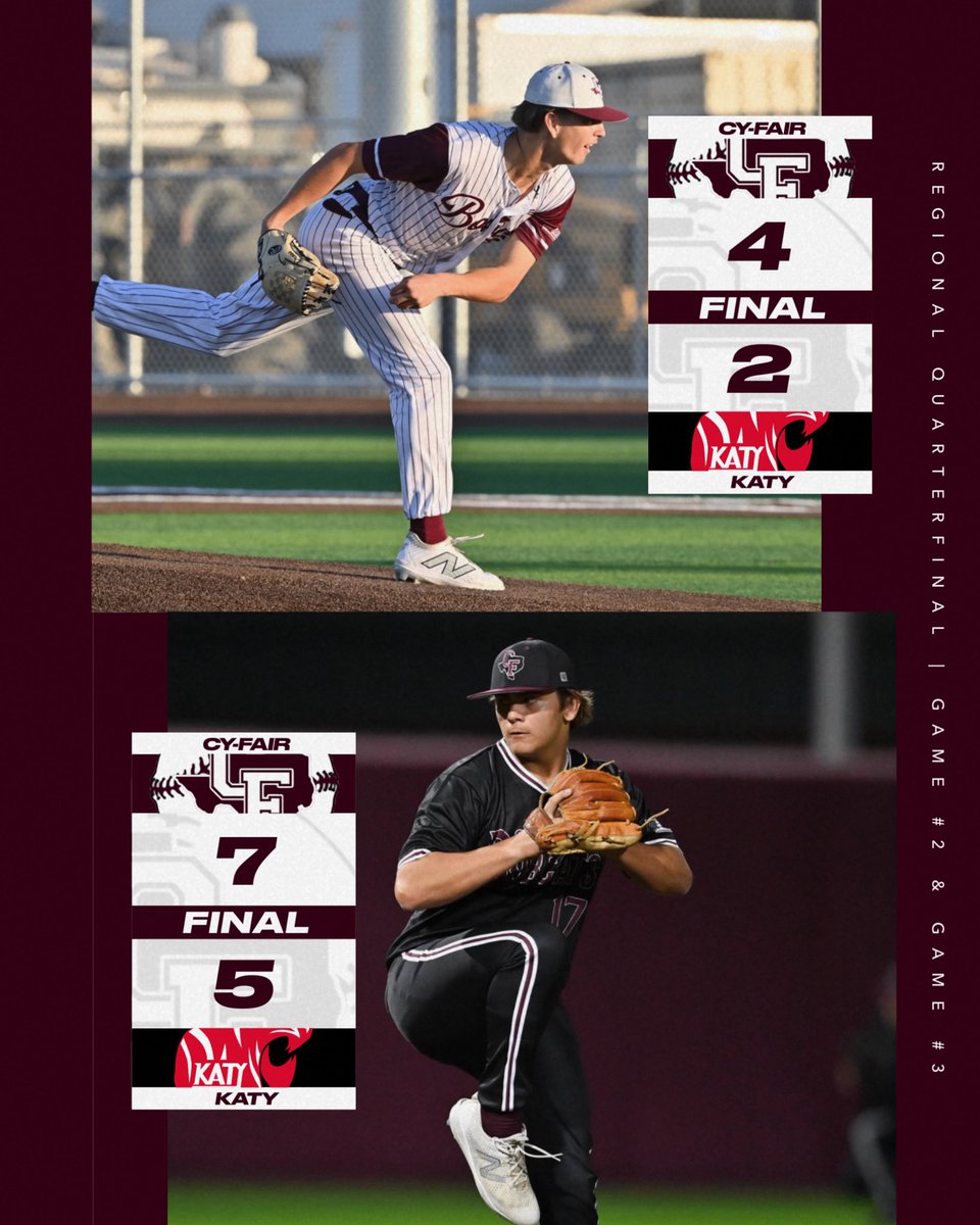 Cy-Fair Bobcats Baseball (@cyfairbaseball) on Twitter photo ⚡️BOBCATS WIN 2⚡️
Down 1 game to Katy, the BFND spirit comes alive!
<a href="/DylanRostron1/">Dylan Rostron</a> gets the W in Game 2 & <a href="/WadeSebek/">Wade Sebek</a> gets the W in Game 3!
Bobcats are Regional Quarterfinal Champs & on to Round 4! ⚡️⚡️⚡️⚡️
#beCATS | #BFND | 🐾⚾️ ⚡️BOBCATS WIN 2⚡️
Down 1 game to Katy, the BFND spirit comes alive!
<a href="/DylanRostron1/">Dylan Rostron</a> gets the W in Game 2 & <a href="/WadeSebek/">Wade Sebek</a> gets the W in Game 3!
Bobcats are Regional Quarterfinal Champs & on to Round 4! ⚡️⚡️⚡️⚡️
#beCATS | #BFND | 🐾⚾️