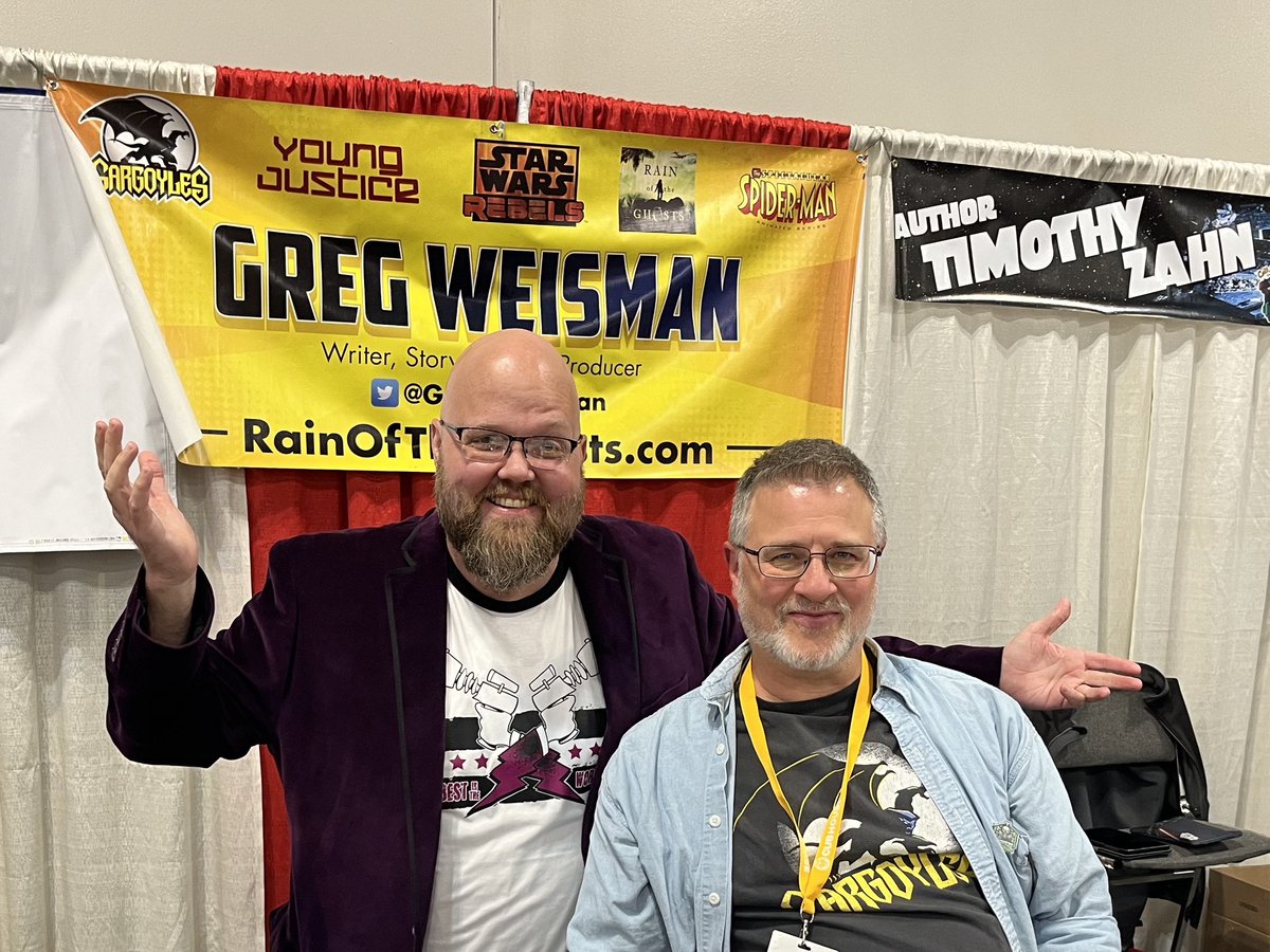 Didn’t even know Greg was going to be here! Had a great time catching up! Also: Greg is sitting in this picture; (I don’t want you guys thinking I’m that much taller than him!) #ComicConRevolution #Gargoyles #YoungJustice #StarWarsRebels #SpectacularSpiderman