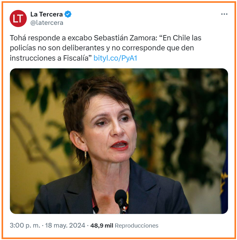 Nos gobiernan unos ignorantes. Cabo Zamora fue dado de baja y no pertenece a Carabineros, ergo, tiene todo el derecho a decir lo que le venga en gana. Esta es la señora que gracias a los votos de Chile Vamos se sacó la Seguridad y que ahora pretende ser una 'Primera Ministra'.