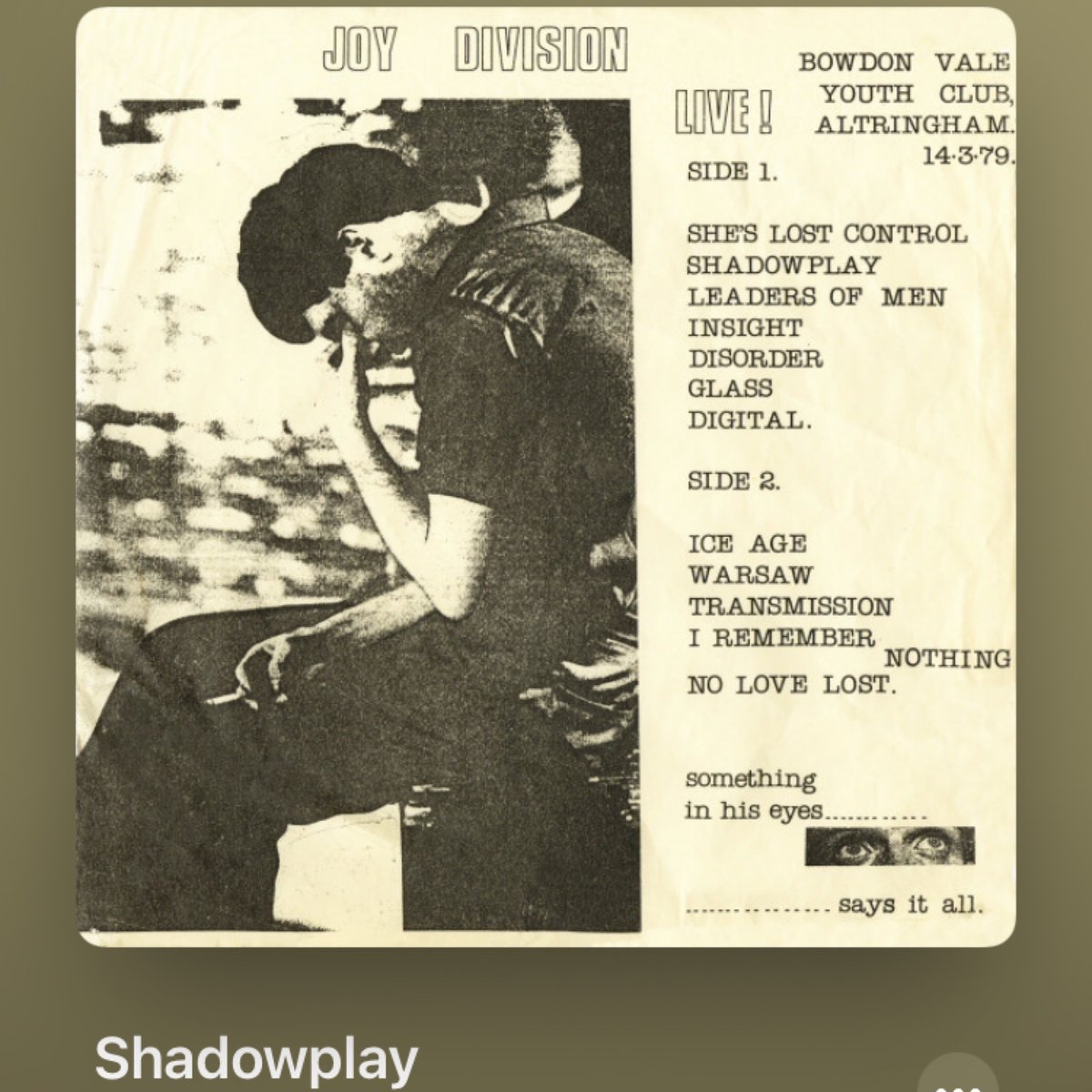 #Nowplaying Shadowplay - Joy Division (Live @ Bowdon Vale Youth Club, Altrincham, UK - 1979/03/14) #IanCurtis #newwave #bootleg #70s #BowdonValeYouthClub #1979 youtube.com/results?q=Shad…