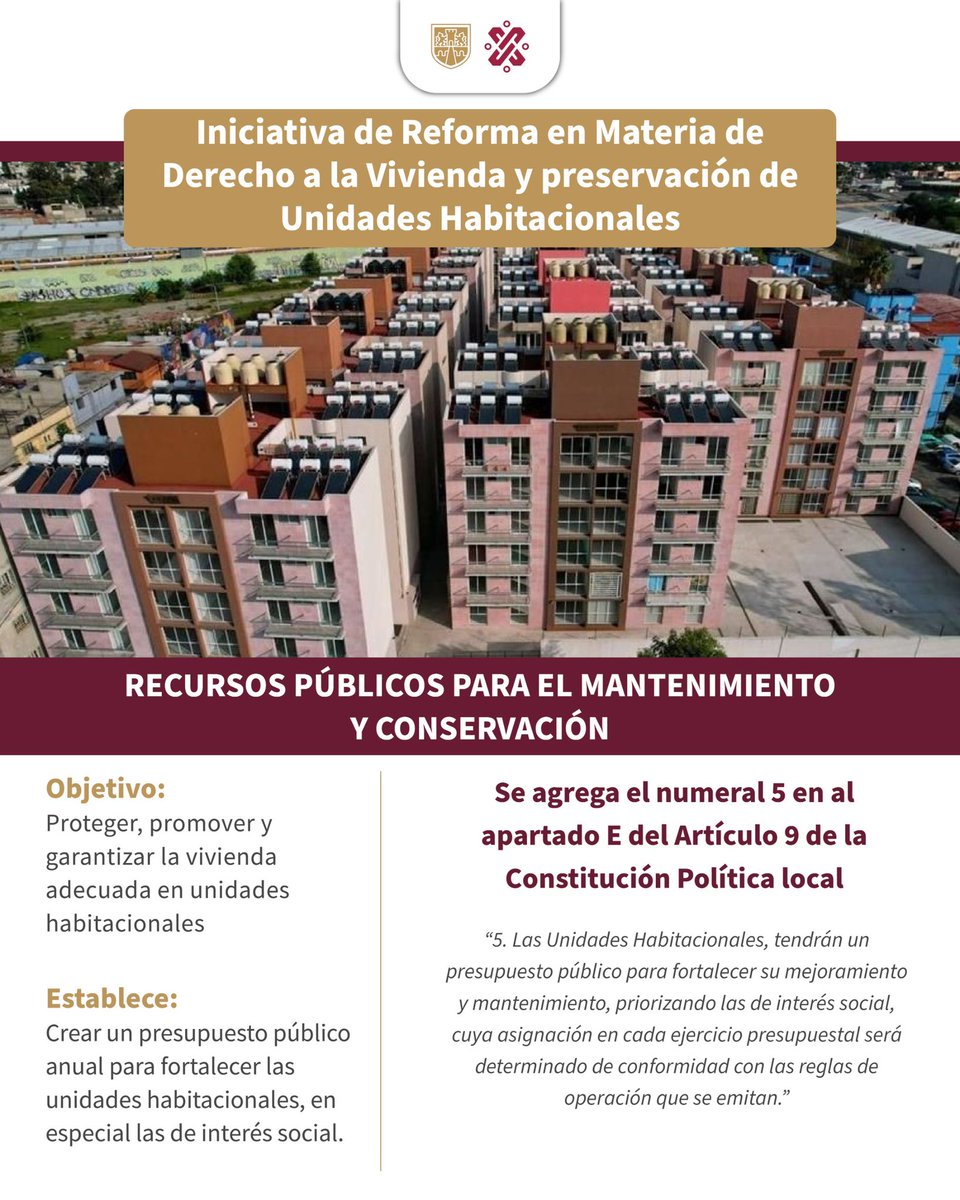 ¡Un presupuesto anual para el mantenimiento de las Unidades Habitacionales! ✅🤓 El Gobierno de la Ciudad de México enviará la Iniciativa de Reforma en Materia de Derecho a la Vivienda y Preservación de Unidades Habitacionales al @Congreso_CdMex, con el fin de brindar recursos