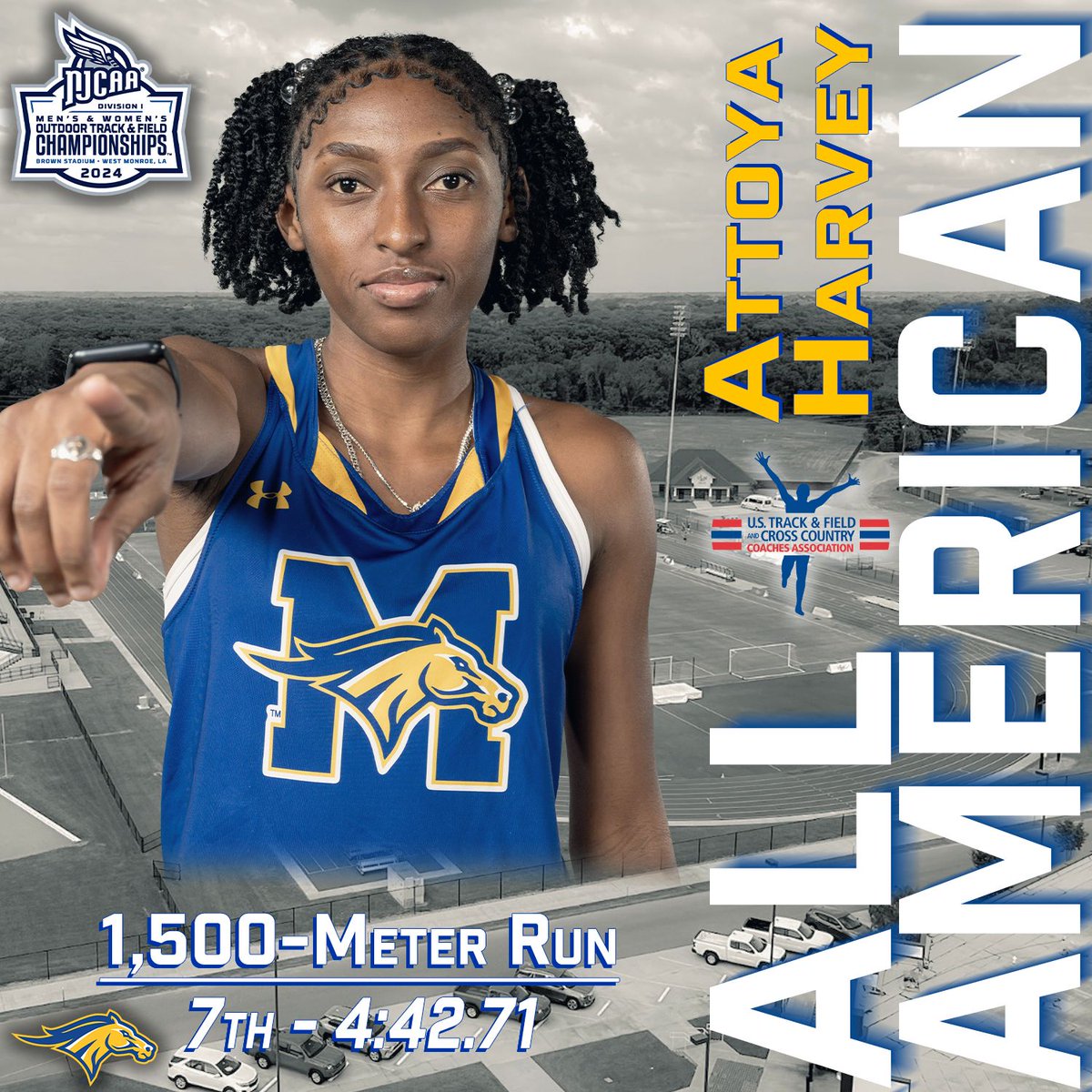 Harvey reaches the podium!

Attoya Harvey earns All-American honors in the 1,500-meter run on Saturday, clocking in at 4:42.71 to take 7th place overall at the @NJCAAXCTF Outdoor Championships for @MCMustangsXCTF!

#GoHereGrowHere