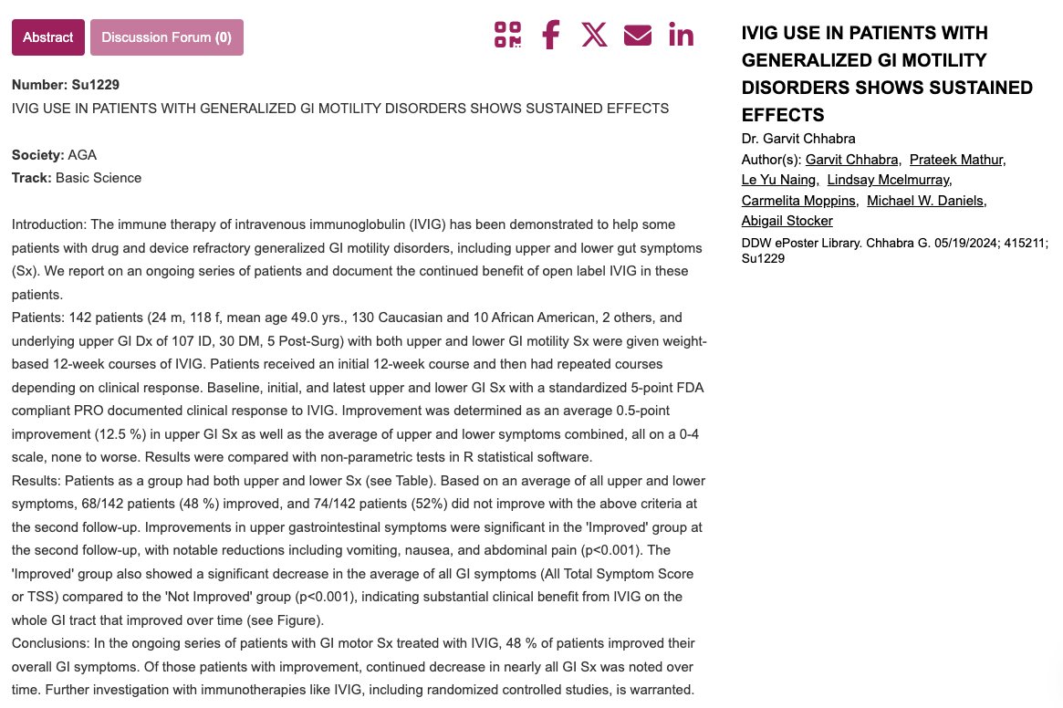 #MyFavAbstract Su1229 #DDW2024: IVIG therapy demonstrates sustained benefits in patients with generalized GI motility disorders. 🩸🔬 48% showed improvement in overall GI symptoms, with significant reductions in upper GI symptoms like vomiting and abdominal pain. #gitwitter