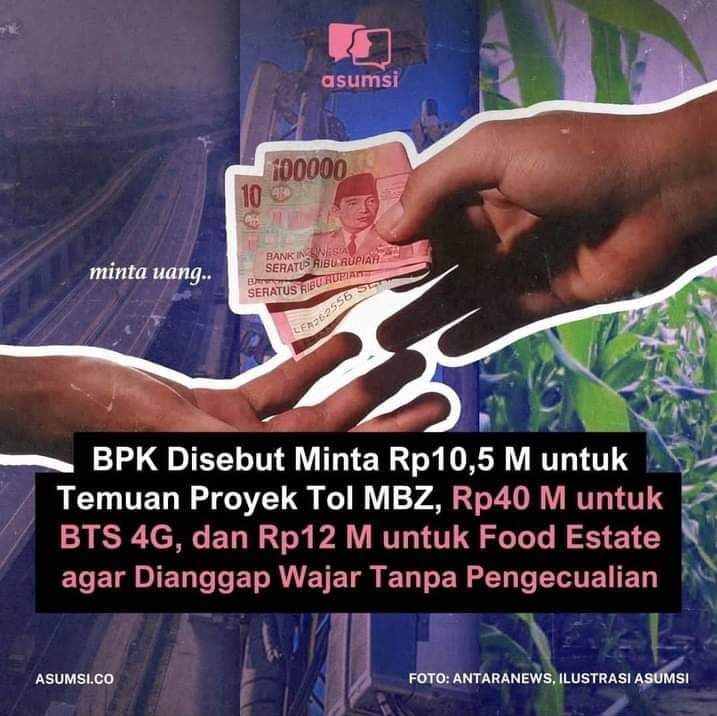 BPK Badan Pemalak Keuangan.

BPK disebut minta 10,5 M untuk tol MBZ, 40 M untuk proyek BTS, dan 12 M untuk proyek food estate agar bisa keluarkan rating 'Wajar Tanpa Pengecualian'.  

Jatah Rakyat habis dimakan pejabat maling

#PresidenTerburukSerbaPalsu